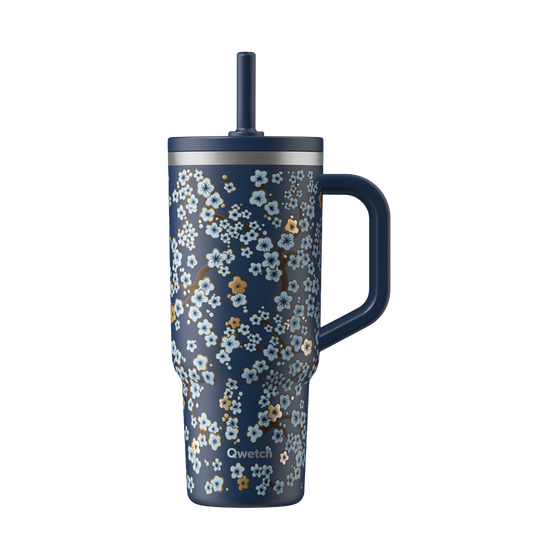 Insulated Travel Cup leak-proof lid - Flowers Midnight Blue