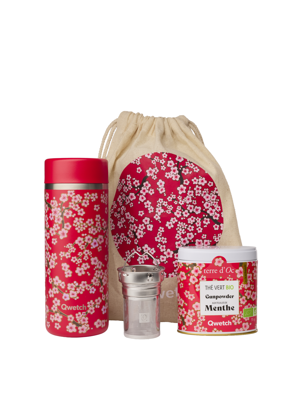 Insulated Teamug Flowers Red & Organic Green Tea - Terre d'Oc x Qwetch Gift Set