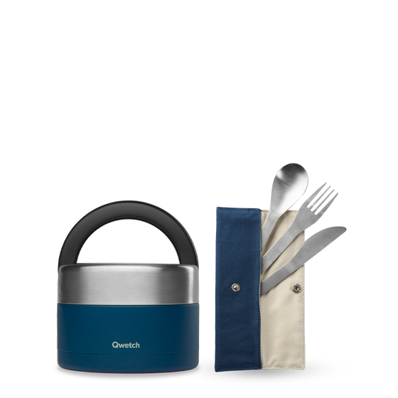 Set de cubiertos Granito Azul - Kit Lunchbox isotérmica asa