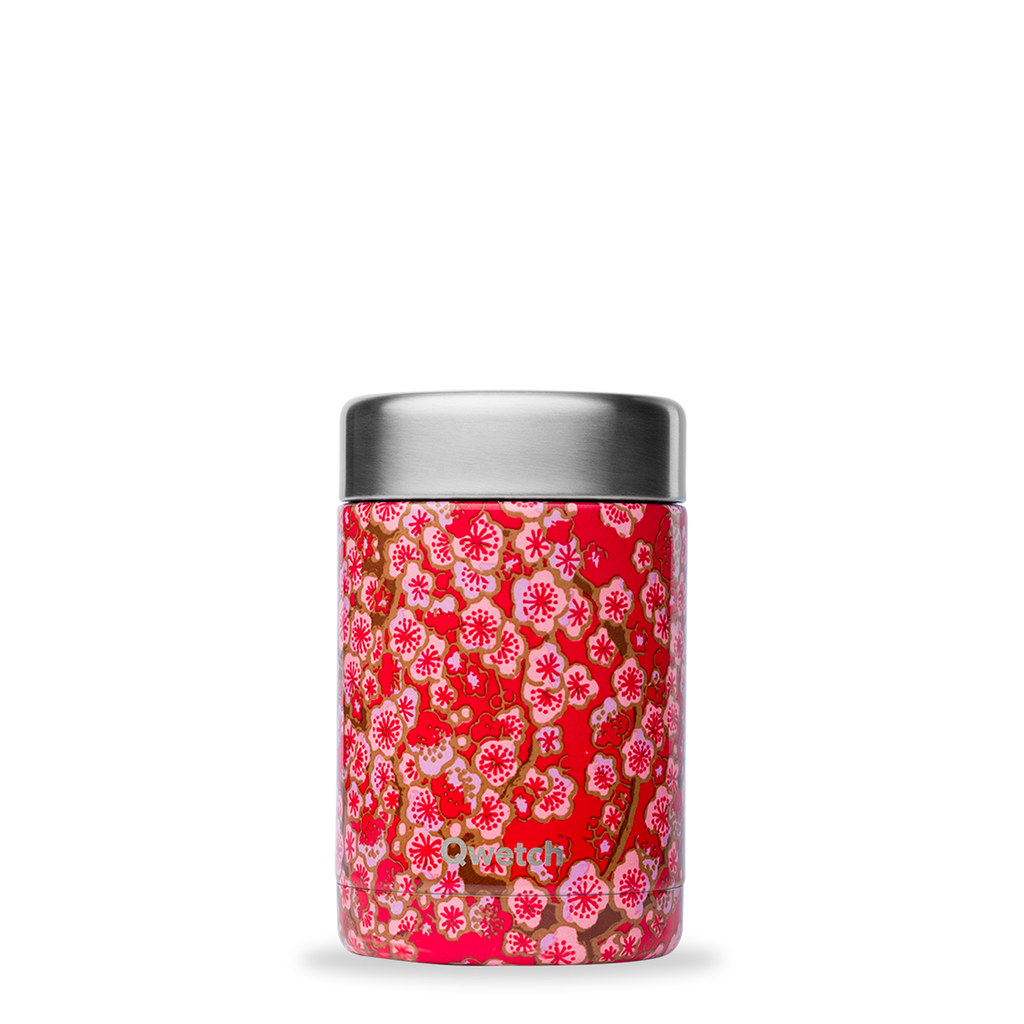 Boîte repas isotherme double paroi en Inox Qwetch 850 ml Fleurs Rouge +  Compartiment OFFERT